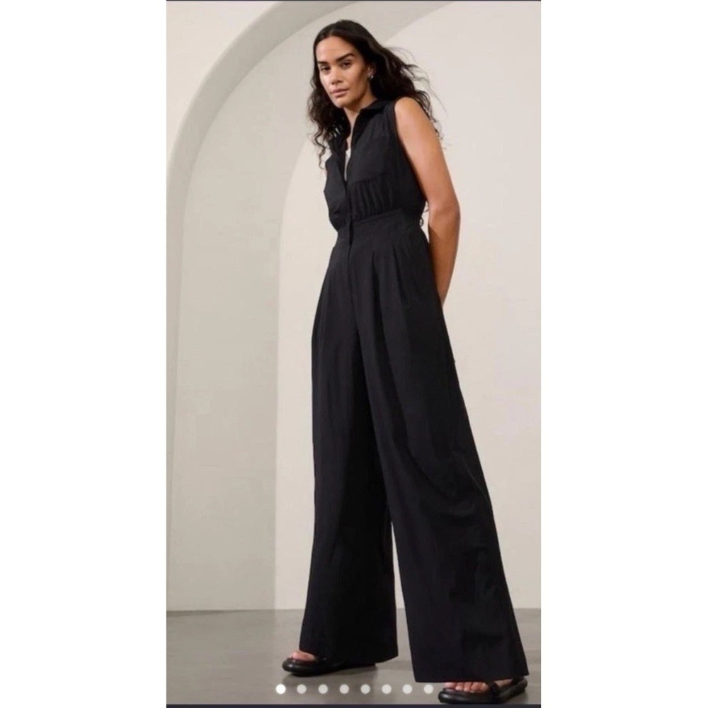EUC ATHLETA Brooklyn Heights Wide Leg  Jumpsuit Sleeveless BLACK 14 Pockets Zip